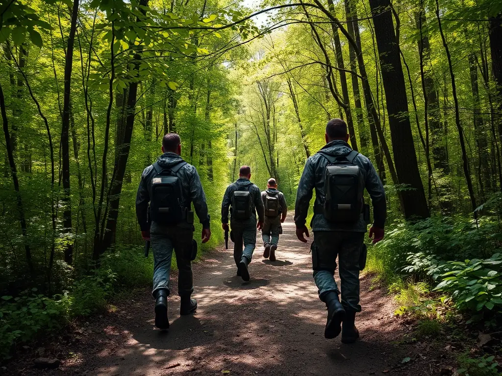 A group of hunters in camouflage gear walking through a dense forest during a guided hunting program, showcasing teamwork and responsible hunting practices.
