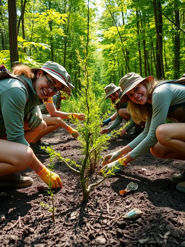 A photograph depicting members of ACCA DE LA DIGNE D'AMONT participating in a wildlife habitat improvement project, planting native trees and shrubs in a designated area.