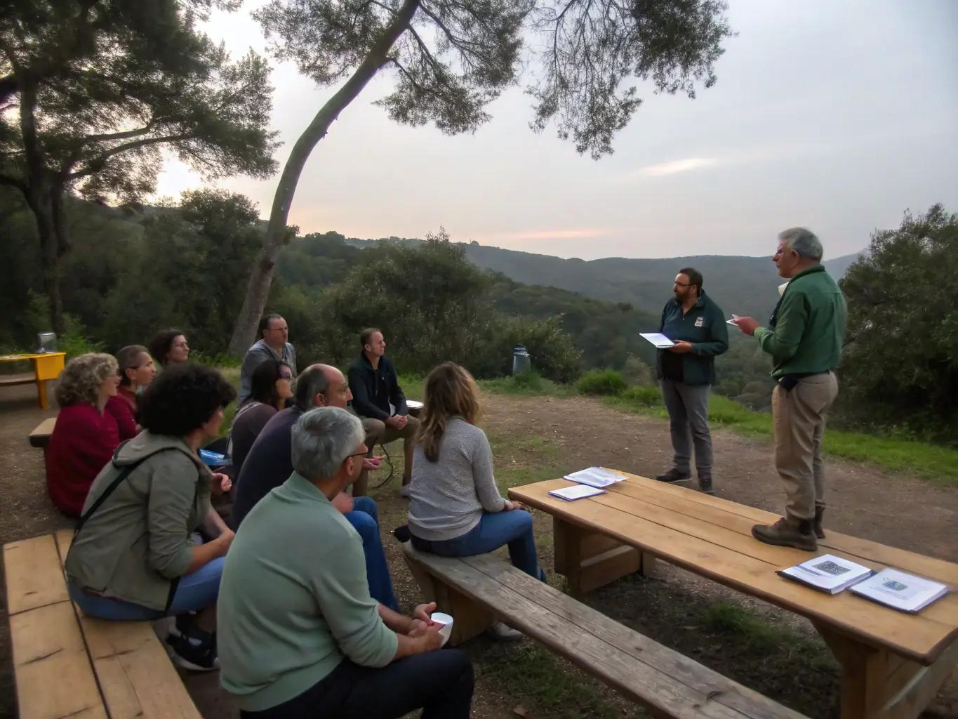 A photograph of participants in a wildlife conservation workshop, learning about habitat preservation and sustainable hunting techniques.
