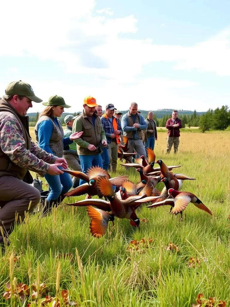 A photograph featuring ACCA DE LA DIGNE D'AMONT members releasing pheasants into a managed hunting area as part of a game bird stocking program.