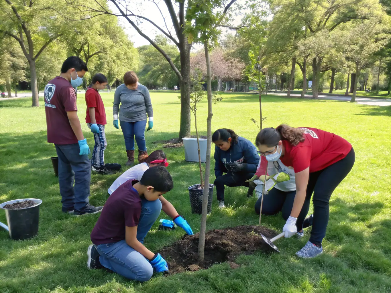 A scenic image of a group of volunteers planting trees as part of a habitat restoration project, demonstrating community involvement in conservation.