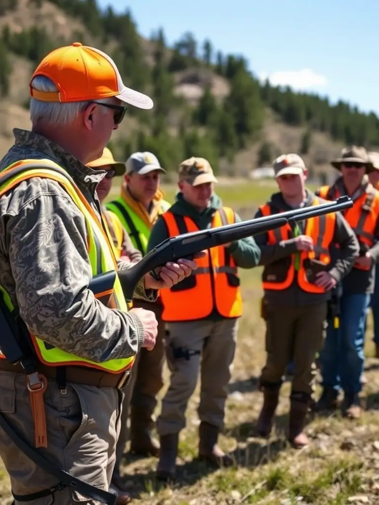 A photograph showcasing a group of young hunters participating in a hunter safety course organized by ACCA DE LA DIGNE D'AMONT, with instructors demonstrating proper firearm handling techniques.